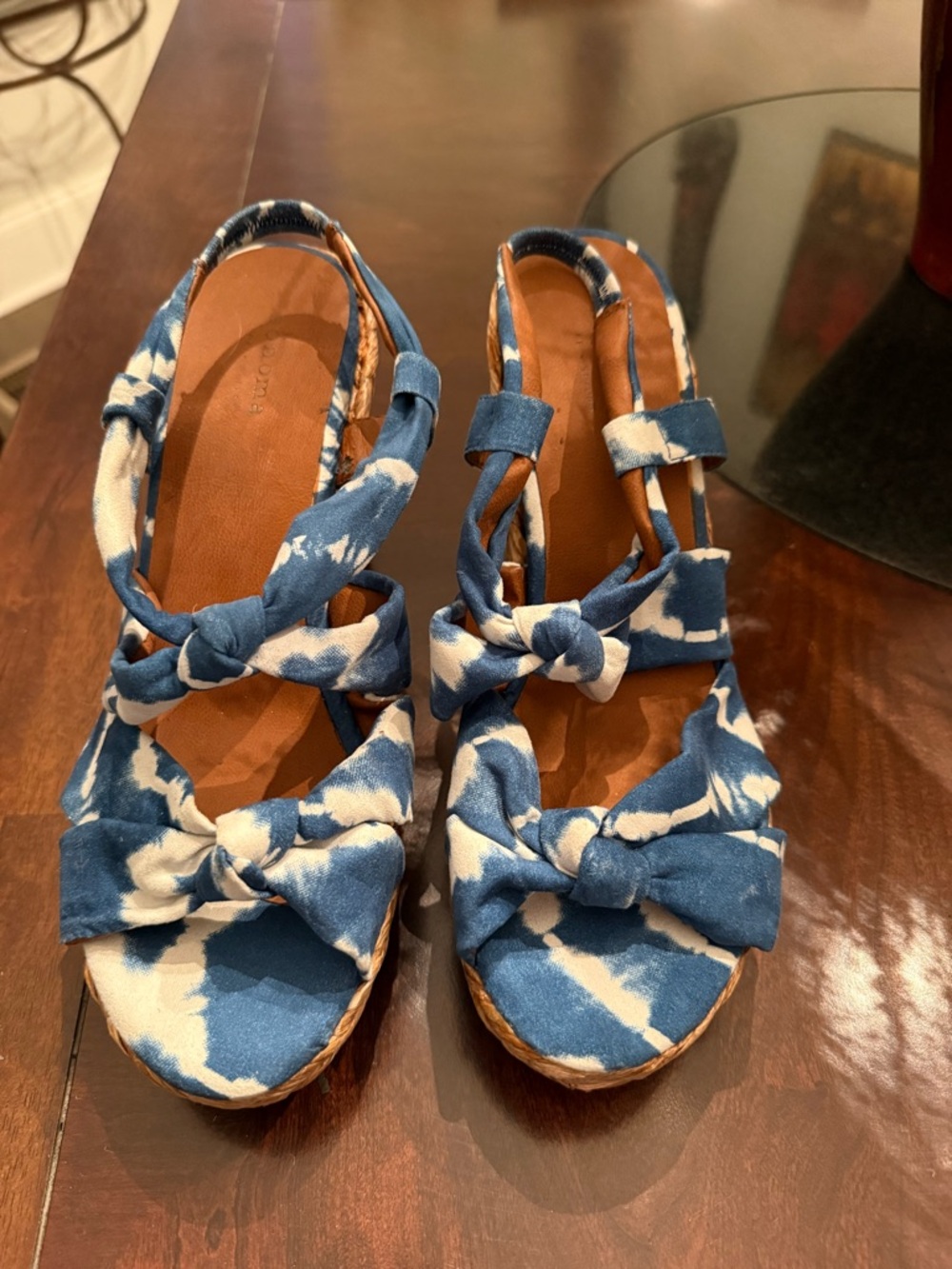 Sonoma Blue and White Tie-Dye Knot Espadrille Wedges